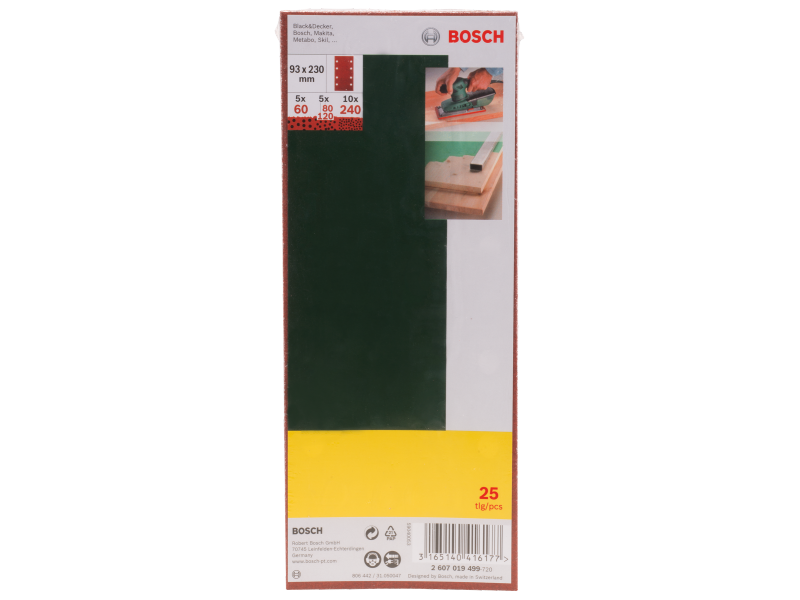 25-delni komplet brusilnih listov Bosch za vibracijski brusilnik, Dimenzije: 93x230mm, Zrnatost 60, 80, 120, 240, 2607019499